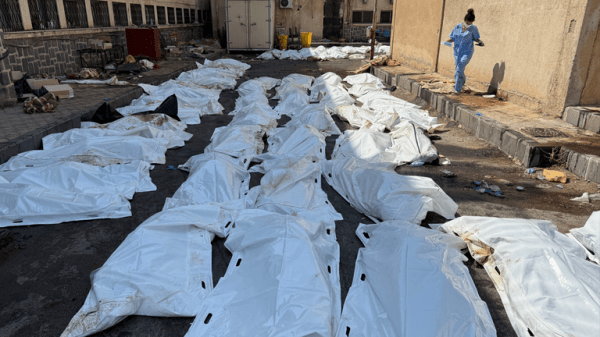 Rows of decomposing bodies that haven't been buried because of fierce fighting in Syrian city Rows of decomposing bodies that haven't been buried because of fierce fighting in Syrian city