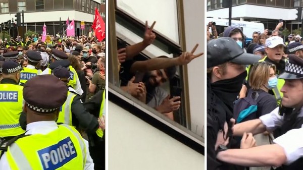Rival groups face off outside migrant hotel - as asylum seekers 'blow kisses' at protesters Rival groups face off outside migrant hotel - as asylum seekers 'blow kisses' at protesters